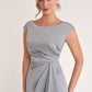 K278063 Graceful Crepe Back Charmeuse Fit and Flare Gown with Cap sleeves and Side Ruffles