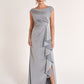 K278063 Graceful Crepe Back Charmeuse Fit and Flare Gown with Cap sleeves and Side Ruffles
