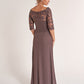 K278064 Elegant Lace and Chiffon A-Line Gown with Portrait Neckline and Three-Quarter Sleeves