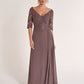 K278064 Elegant Lace and Chiffon A-Line Gown with Portrait Neckline and Three-Quarter Sleeves