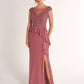 K278065 Lovely Embroidery Lace and Chiffon Gown with Boat Neckline and Ruffled Peplum
