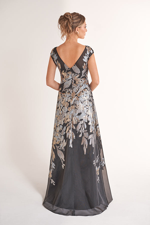 K278066 Breathtaking Organza Jacquard A-Line Dress with Cap Sleeves and Boat Neckline