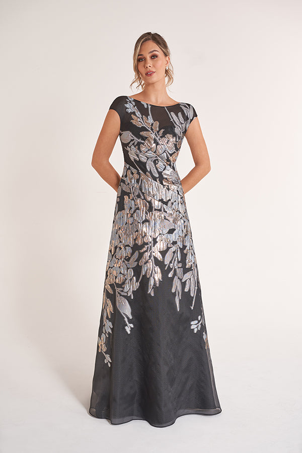 K278066 Breathtaking Organza Jacquard A-Line Dress with Cap Sleeves and Boat Neckline