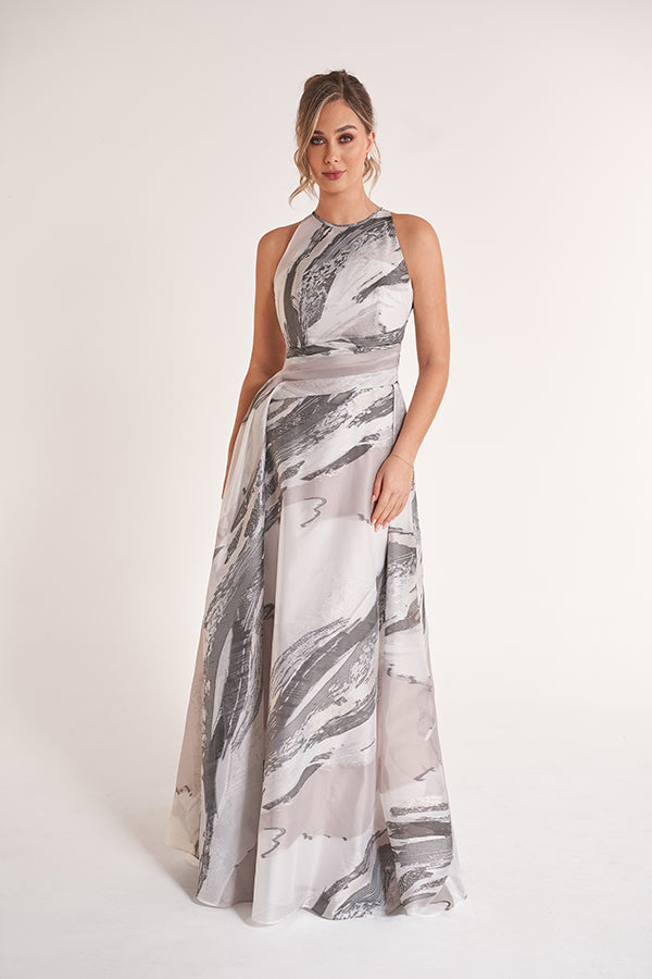 K278067 Stunning Frederica Jacquard A-Line Gown with Jewel Neckline and Angled Gathers
