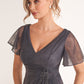 K278068 Dreamy Lace and Tulle A-Line Dress with V-Neckline and Hand Beaded Appliqued Waistline
