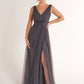 K278068 Dreamy Lace and Tulle A-Line Dress with V-Neckline and Hand Beaded Appliqued Waistline