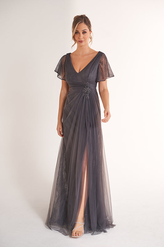 K278068 Dreamy Lace and Tulle A-Line Dress with V-Neckline and Hand Beaded Appliqued Waistline