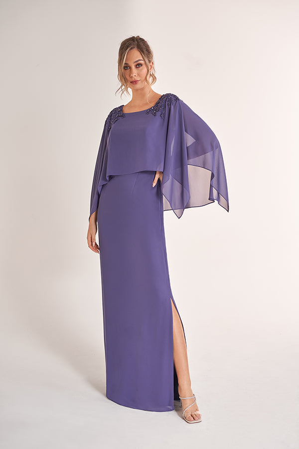 K278071 Classic Jade Chiffon Sheath Gown with Boat Neckline and Draped Top with Hand-Beaded Lace Appliques