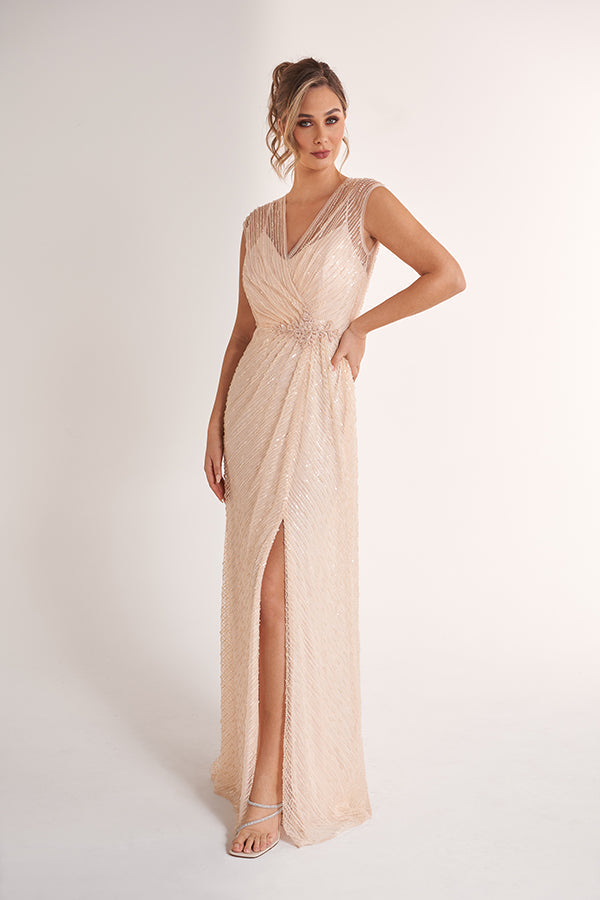 K278073 Glamorous Fit and Flare Adele Sequin Lace Gown with Illusion V-Neckline and Cap Sleeves