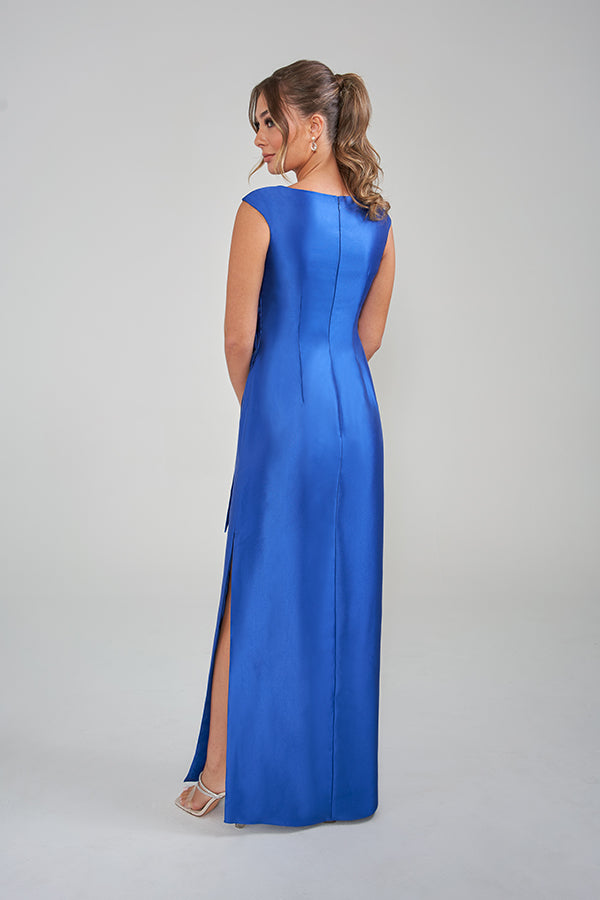 K288001 Elegant Mikado Sheath Gown with Angled Peplum Front and Striking Side Bow Detail