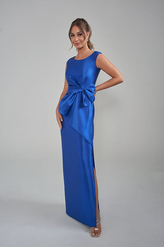 K288001 Elegant Mikado Sheath Gown with Angled Peplum Front and Striking Side Bow Detail