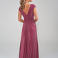 K288002 Flattering Fit and Flare Metallic Stretch Jersey Gown with Soft Gathers and Beaded Applique