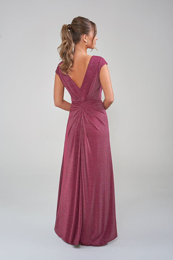K288002 Flattering Fit and Flare Metallic Stretch Jersey Gown with Soft Gathers and Beaded Applique