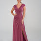 K288002 Flattering Fit and Flare Metallic Stretch Jersey Gown with Soft Gathers and Beaded Applique