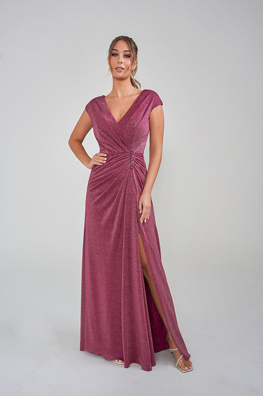 K288002 Flattering Fit and Flare Metallic Stretch Jersey Gown with Soft Gathers and Beaded Applique