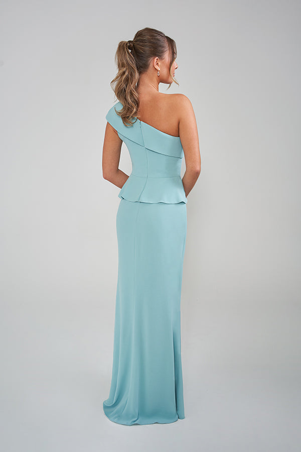 K288003 Sleek One Shoulder Stretch Soft Crepe Fit and Flare Gown with Ruffled Peplum and Beaded Applique