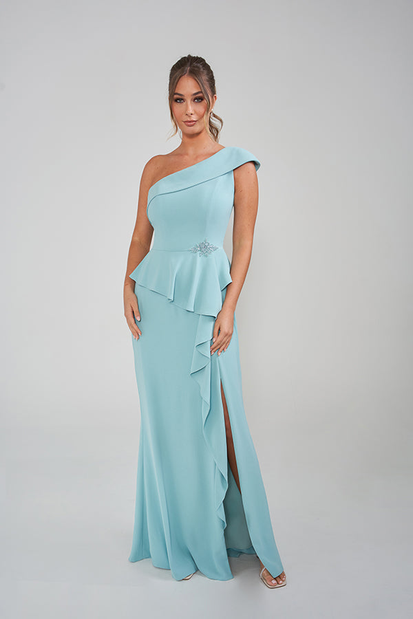 K288003 Sleek One Shoulder Stretch Soft Crepe Fit and Flare Gown with Ruffled Peplum and Beaded Applique