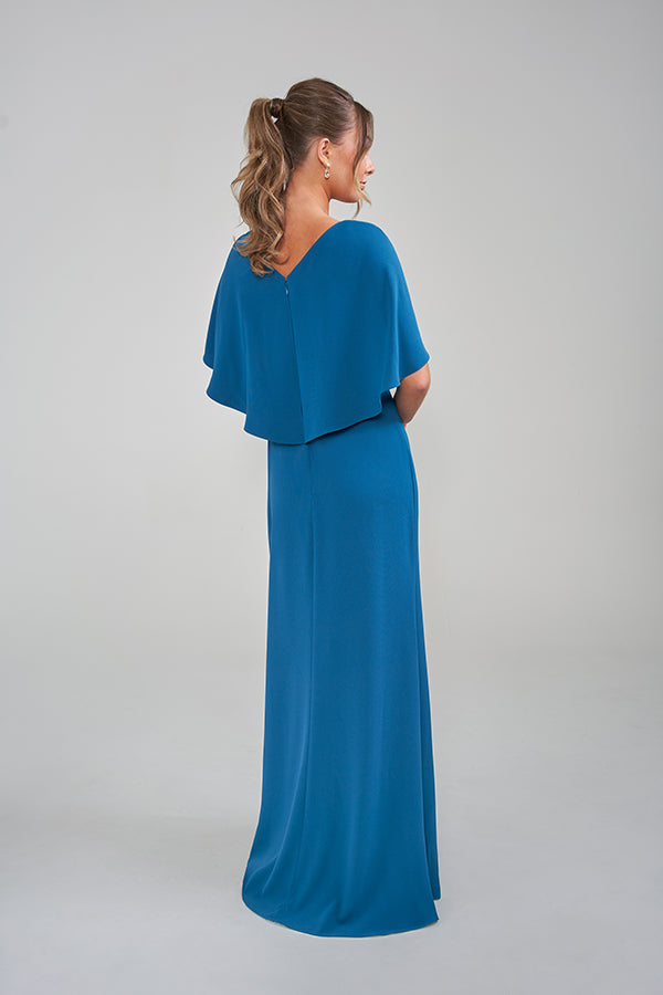 K288004  Stunning Fit and Flare Stretch Soft Crepe Gown with Pleated Shoulder Cape and Hand-Beaded Waistband