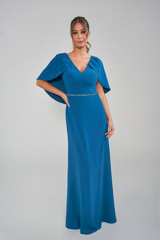 K288004  Stunning Fit and Flare Stretch Soft Crepe Gown with Pleated Shoulder Cape and Hand-Beaded Waistband