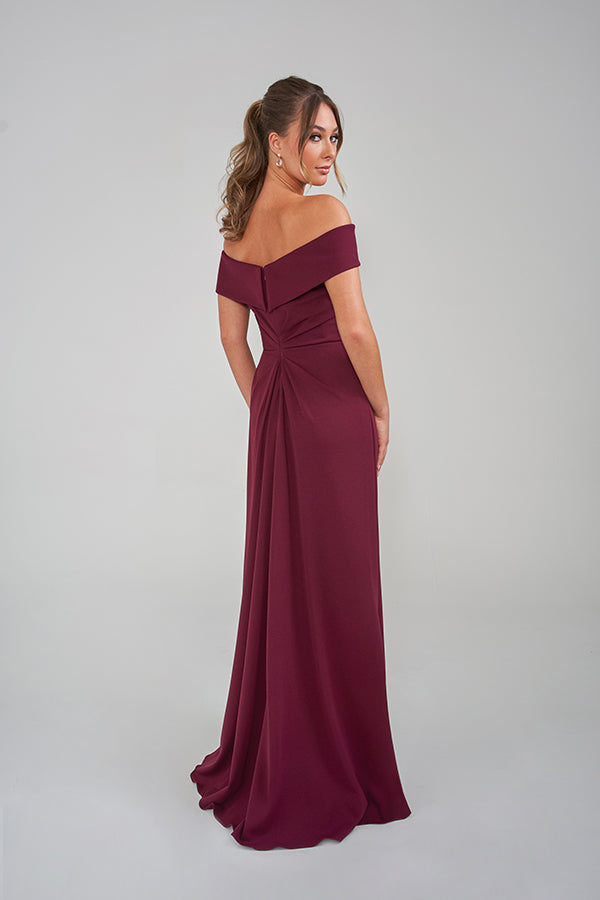 K228005 Elegant Fit and Flare Stretch Crepe Gown with Portrait Neckline and Side Ruffles