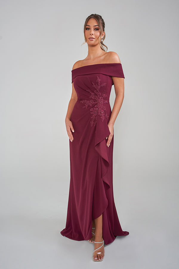 K228005 Elegant Fit and Flare Stretch Crepe Gown with Portrait Neckline and Side Ruffles