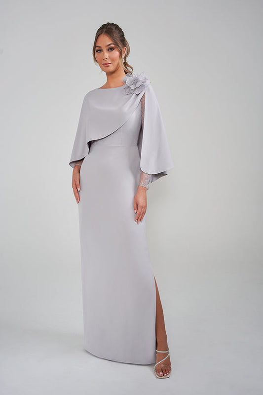 K228006 Luxurious Royal Crepe Sheath Gown with Flowing Cape and Sparkling Beaded Flower