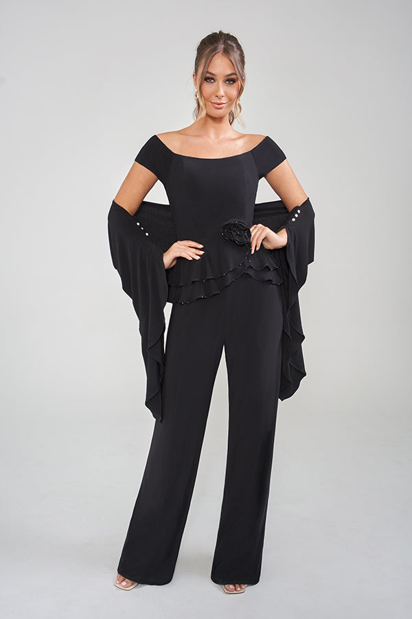 K228007 Charming Matte Jersey Jumpsuit with Off-the-Shoulder Neckline and Matching Shawl