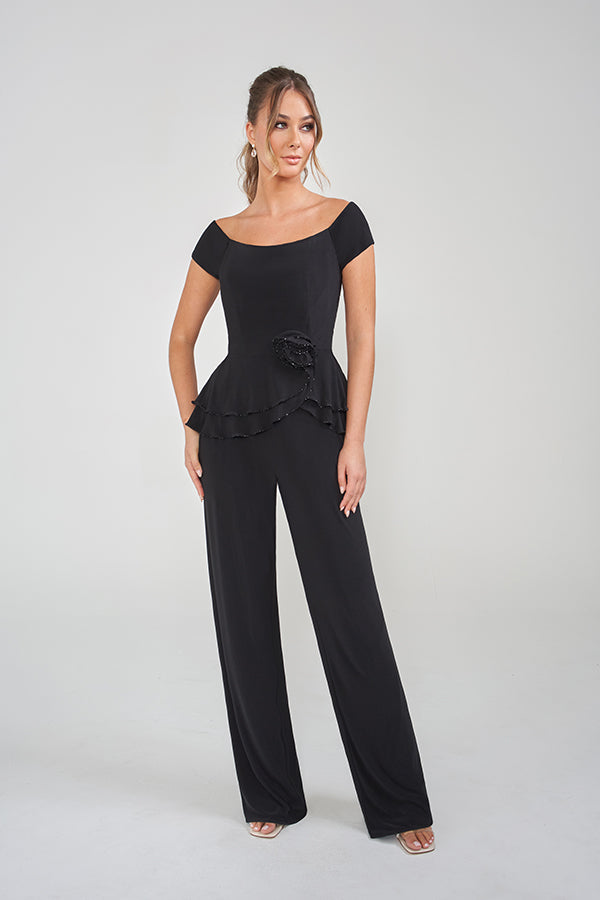 K228007 Charming Matte Jersey Jumpsuit with Off-the-Shoulder Neckline and Matching Shawl