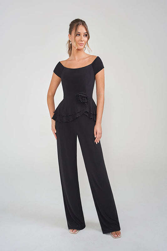 K228007 Charming Matte Jersey Jumpsuit with Off-the-Shoulder Neckline and Matching Shawl