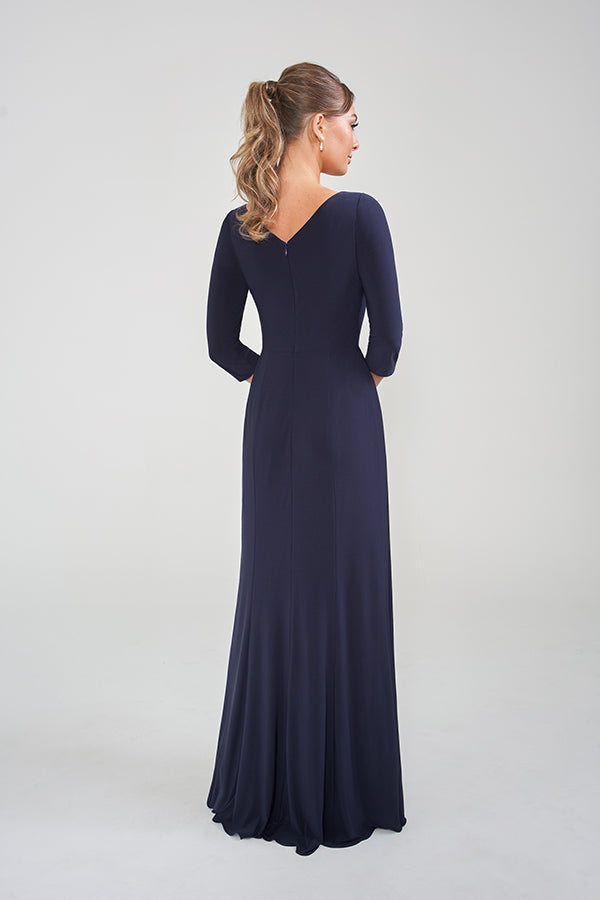 K228008 Timeless Matte Jersey Fit and Flare Gown with Quarter Sleeves and V-Neckline