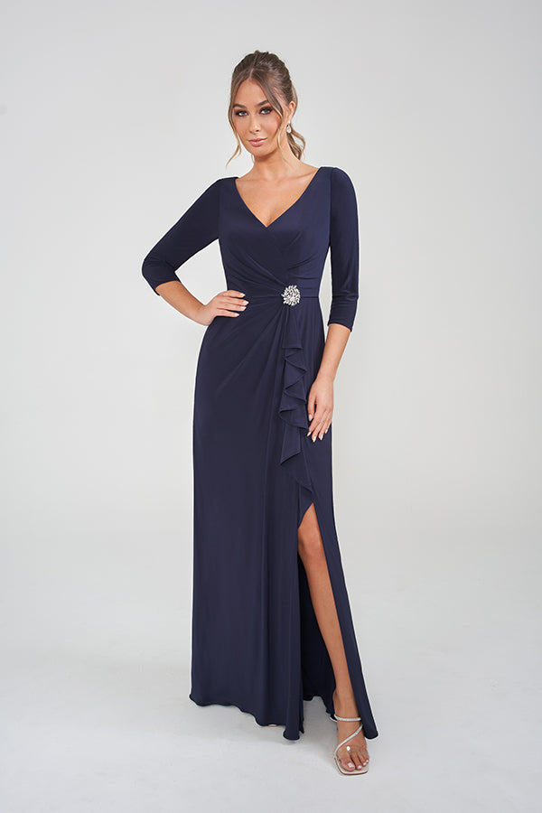 K228008 Timeless Matte Jersey Fit and Flare Gown with Quarter Sleeves and V-Neckline