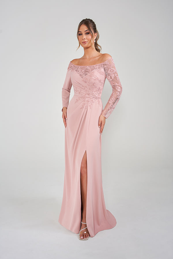 K228009 Show-Stopping Royal Crepe Fit and Flare Gown with Portrait Neckline and Long Sleeves
