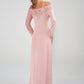 K228009 Show-Stopping Royal Crepe Fit and Flare Gown with Portrait Neckline and Long Sleeves
