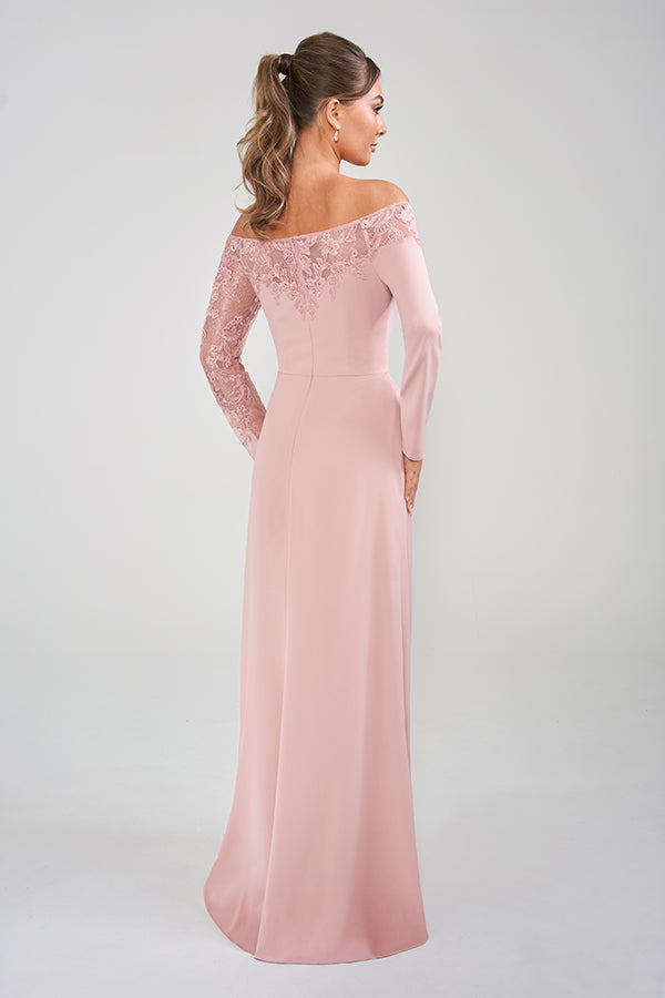 K228009 Show-Stopping Royal Crepe Fit and Flare Gown with Portrait Neckline and Long Sleeves