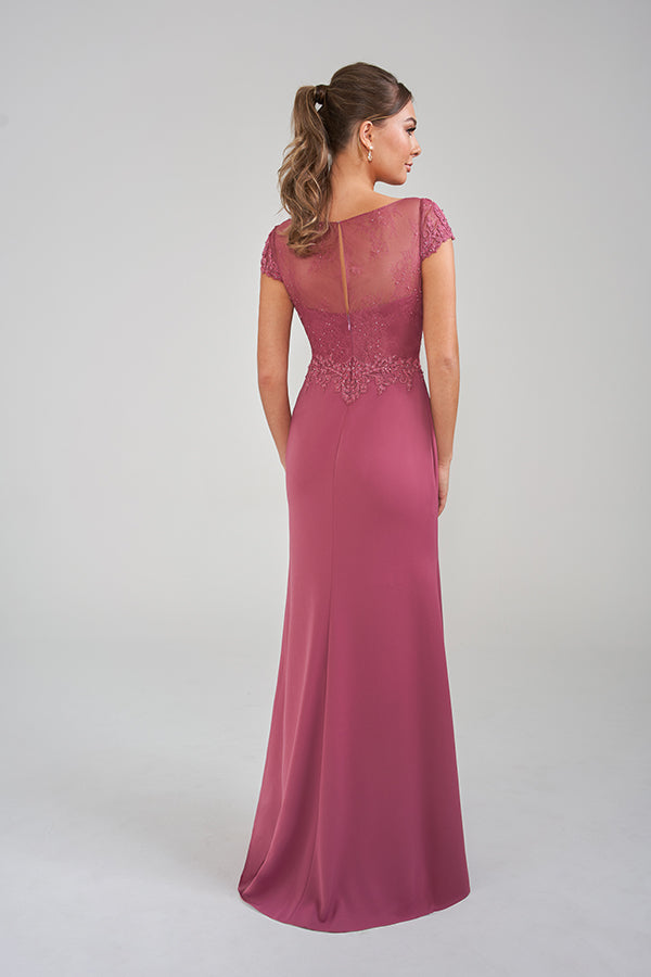 K228010 Enchanting Royal Crepe Fit and Flare Gown with Jewel Neckline and Hand beaded Lace Trim