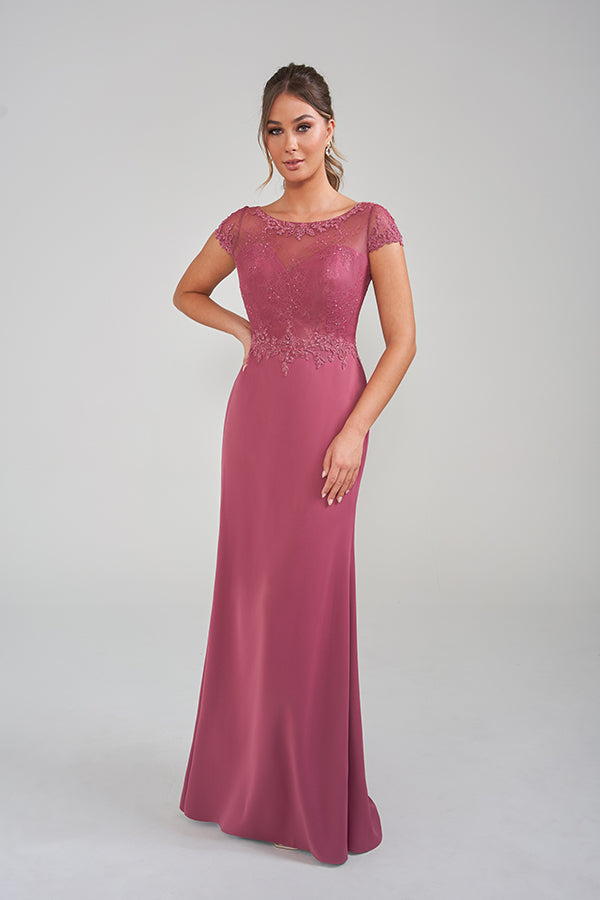 K228010 Enchanting Royal Crepe Fit and Flare Gown with Jewel Neckline and Hand beaded Lace Trim