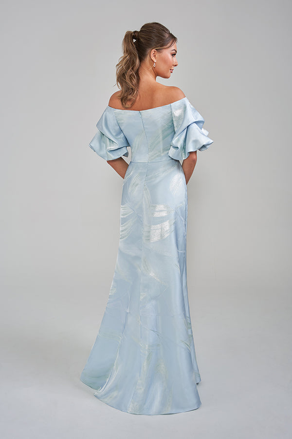 K228011 Embroidery Lace and Stretch Crepe Fit and Flare Gown with Long Sheer Sleeves and Asymmetrical Drop Waist