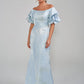 K228011 Embroidery Lace and Stretch Crepe Fit and Flare Gown with Long Sheer Sleeves and Asymmetrical Drop Waist