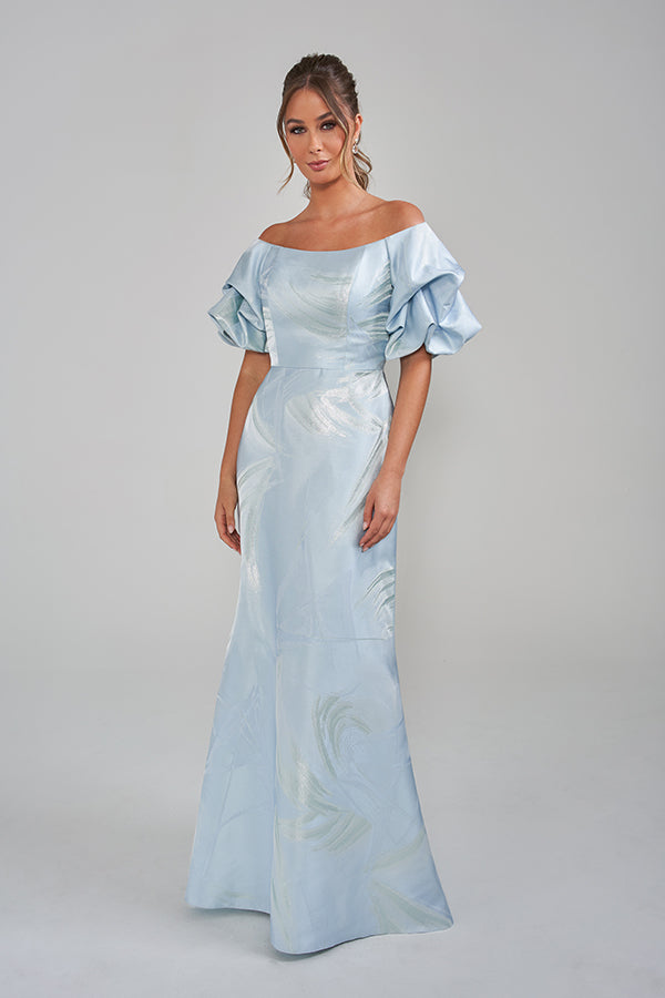 K228011 Embroidery Lace and Stretch Crepe Fit and Flare Gown with Long Sheer Sleeves and Asymmetrical Drop Waist