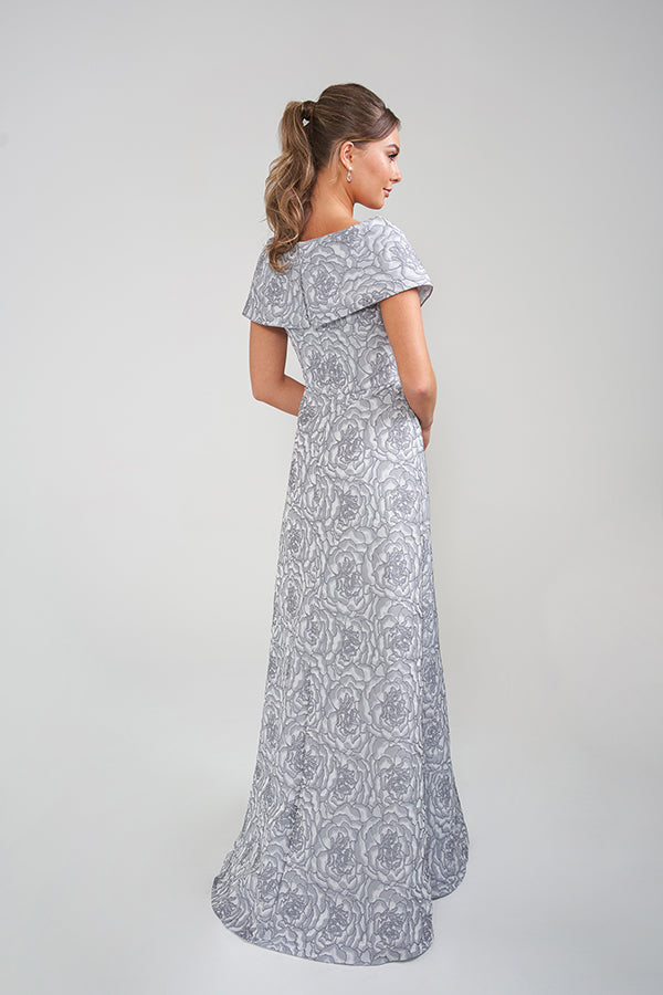 K228012 Playful Fit and Glare Jacquard Gown with Bubble Sleeves and Off-The-Shoulder Neckline