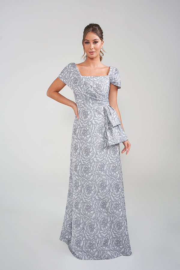 K228012 Playful Fit and Glare Jacquard Gown with Bubble Sleeves and Off-The-Shoulder Neckline