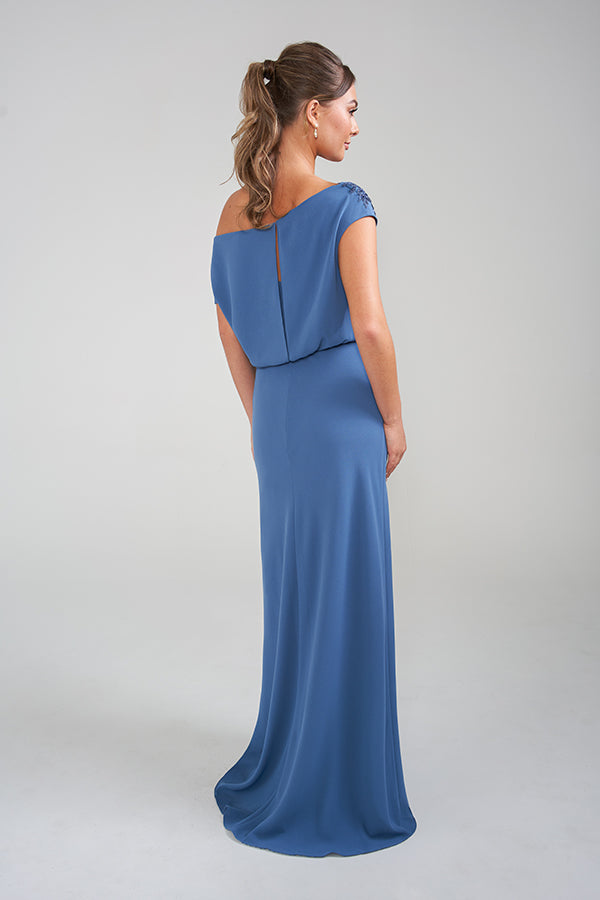 K228014 Graceful Crepe Back Charmeuse A-line Gown with Boat Neckline and Gathered Angled Bodice