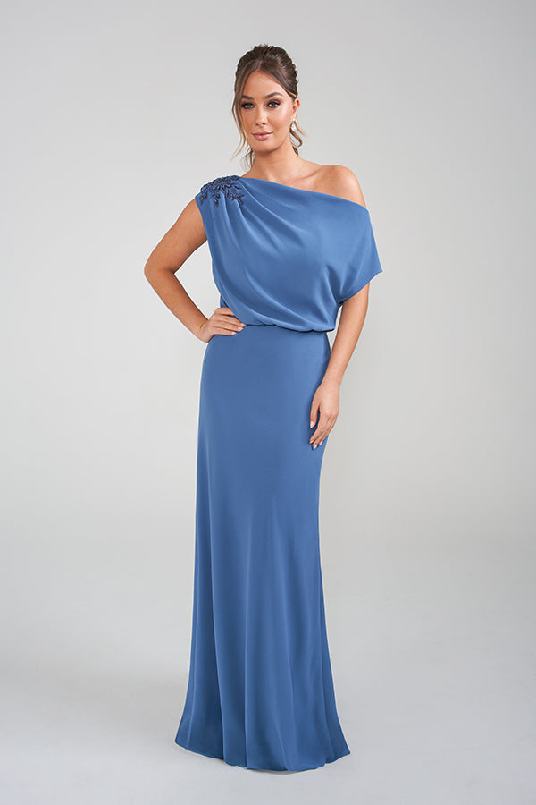 K228014 Graceful Crepe Back Charmeuse A-line Gown with Boat Neckline and Gathered Angled Bodice