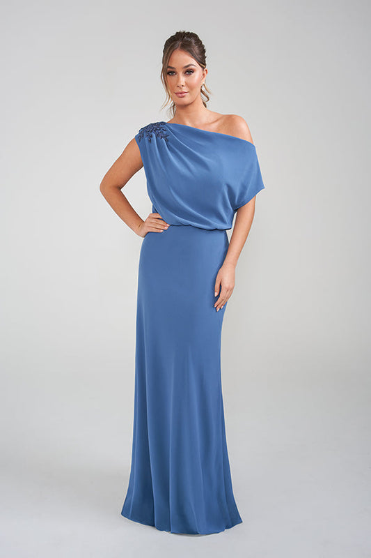 K228014 Graceful Crepe Back Charmeuse A-line Gown with Boat Neckline and Gathered Angled Bodice