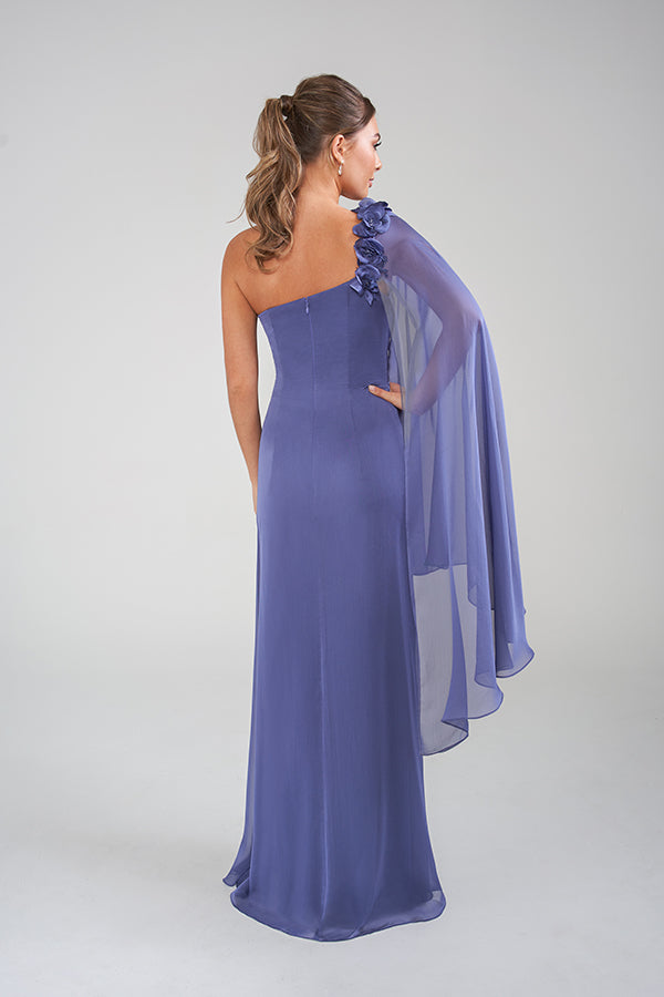 K228015 Modern Stretch Soft Crepe Fit and Flare Dress with Relaxed Draped Bodice and Hand Beaded Applique