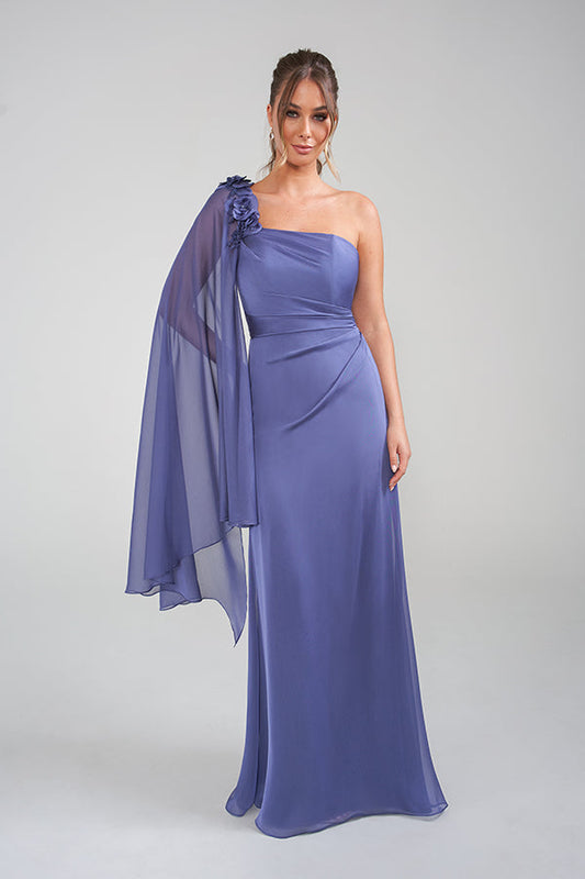 K228015 Modern Stretch Soft Crepe Fit and Flare Dress with Relaxed Draped Bodice and Hand Beaded Applique