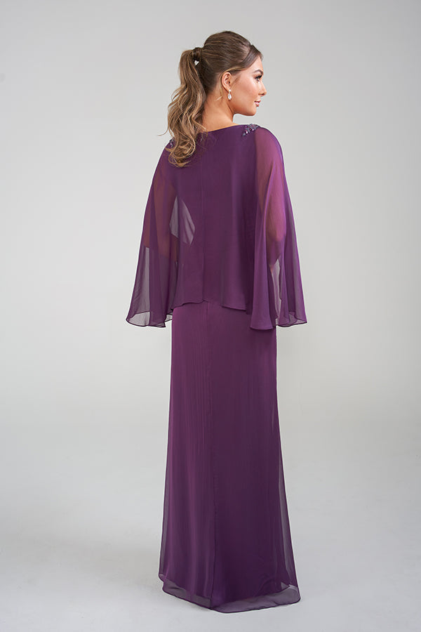 K228016 Dramatic One Shoulder Chiffon Fit and Flare Gown with Beaded Floral Shoulder Detail and Cascading Draping Off One Shoulder