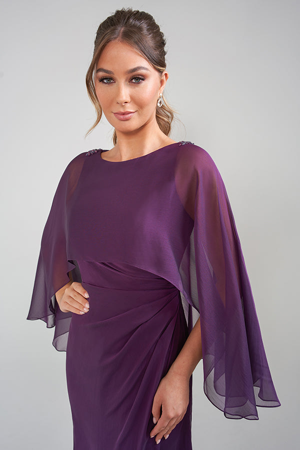 K228016 Dramatic One Shoulder Chiffon Fit and Flare Gown with Beaded Floral Shoulder Detail and Cascading Draping Off One Shoulder