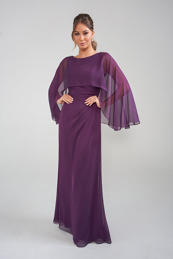 K228016 Dramatic One Shoulder Chiffon Fit and Flare Gown with Beaded Floral Shoulder Detail and Cascading Draping Off One Shoulder