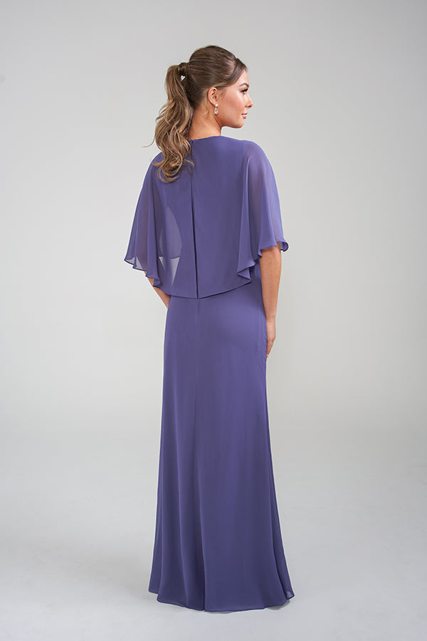 K228017 Graceful Chiffon Fit and Flare Dress with Attached Cape and Beaded Applique Shoulder